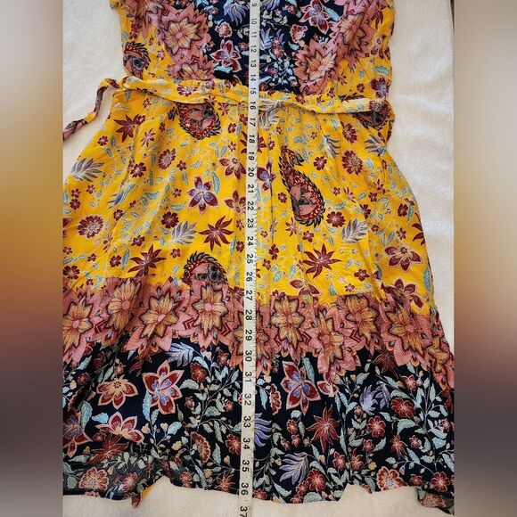 Boho Chic Yellow Paisley Surplice Tie Waist Ruffle Hem Dress Large - Picture 7 of 12